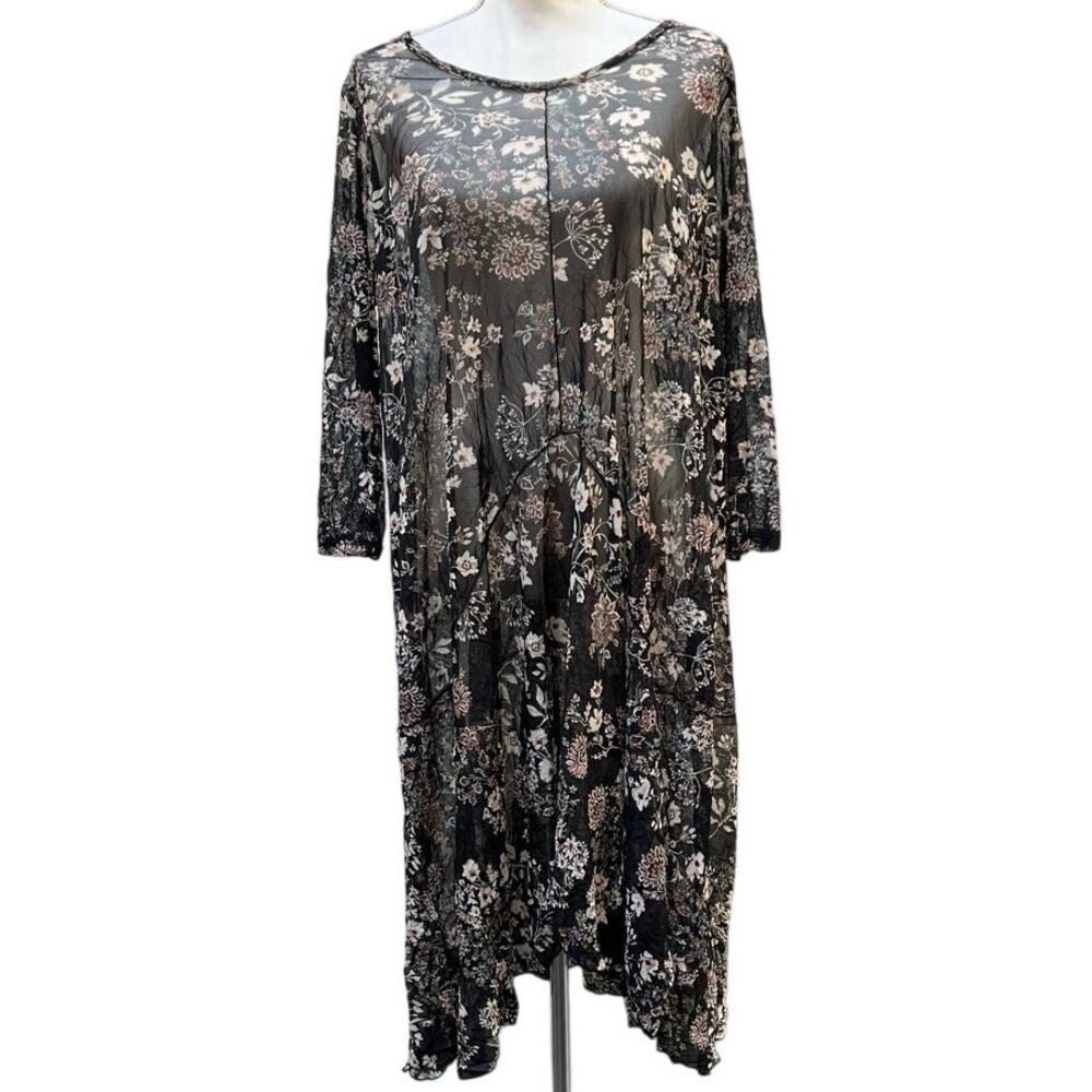 Comfy USA Sheer Floral Crinkle Asymmetric Tunic Top Dress Overlay Black EUC
